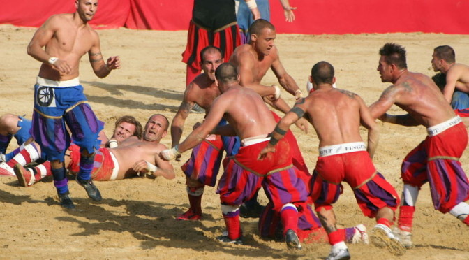 Calcio fiorentino (also known as calcio storico "historic football") is an early form of football that originated in 16th century Italy.Calcio fiorentino (also known as calcio storico "historic football") is an early form of football that originated in 16th century Italy.