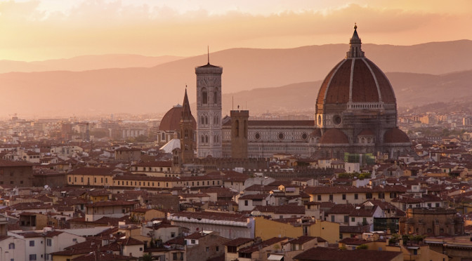 Florence skyline at sunset, Italy. Campanile di San Marco