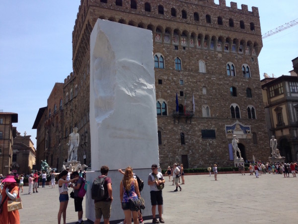 The marble of Michelangelo's David in Florence exposed
