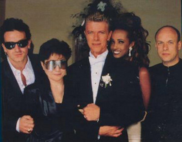 The David Bowie-Iman wedding in Florence, Italy. In this piscture with Bono Vox, Yoko Ono and Eno