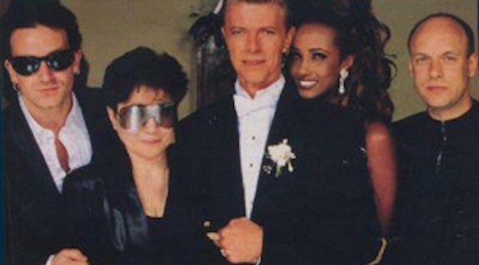 The David Bowie-Iman wedding in Florence, Italy. In this piscture with Bono Vox, Yoko Ono and Eno