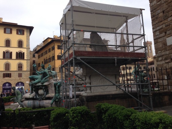 The copy of the Marzocco statue is under restoration in Florence, Italy