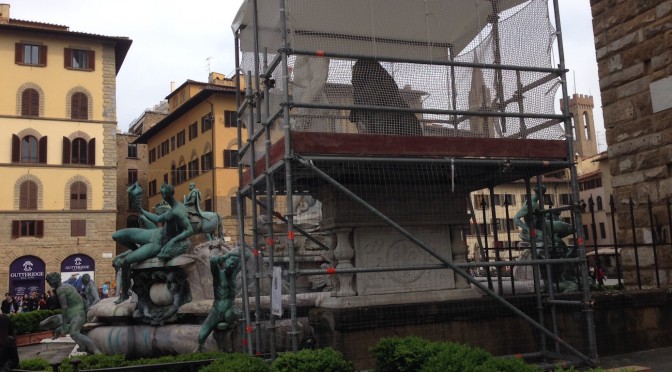 The copy of the Marzocco statue is under restoration in Florence, Italy