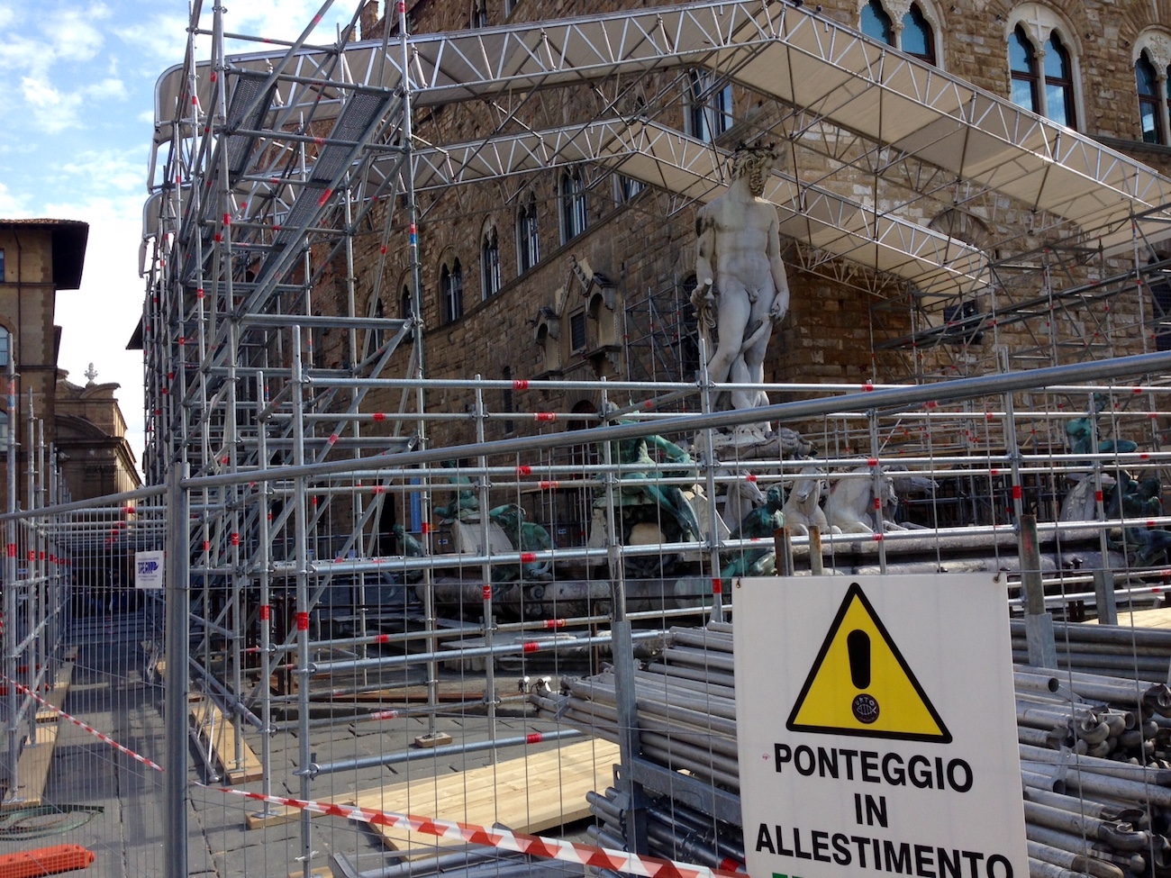 The fountain of Neptune under restoration in Florence, Italy