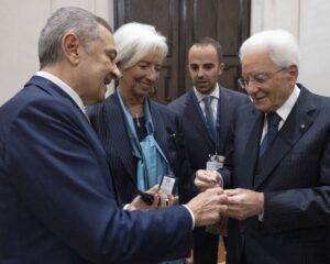 President of the Republic Sergio Mattarella with Christine Lagarde, President of the European Central Bank, and Fabio Panetta, Governor of the Bank of Italy, on the occasion of the meeting with the Governing Council of the ECB.
