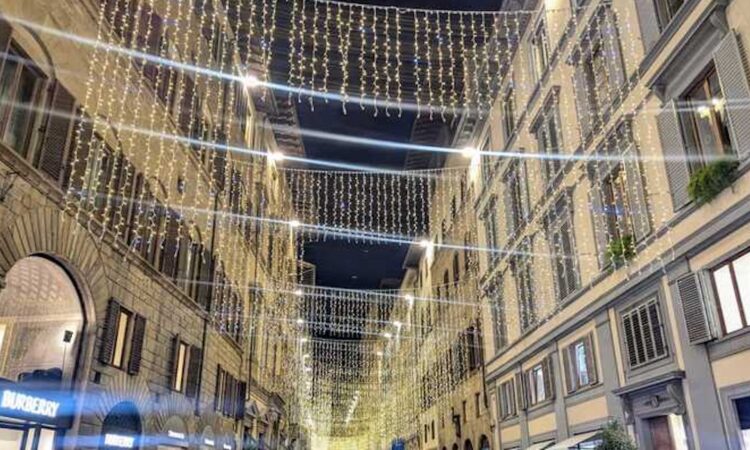 Christmas lights switched on in Via Tornabuoni, extending across Florence’s luxury fashion district