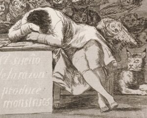 Francisco José de Goya y Lucientes - The sleep of reason produces monsters (No. 43), from Los Caprichos - Google Art Project. Public domani