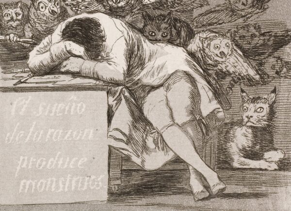 Francisco José de Goya y Lucientes - The sleep of reason produces monsters (No. 43), from Los Caprichos - Google Art Project. Public domani